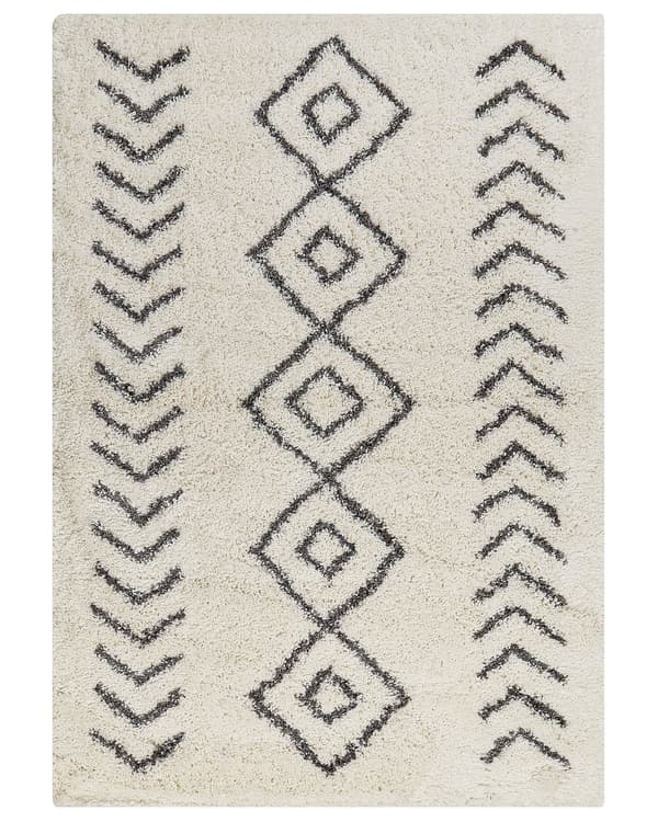 Matto valkoinen harmaa 160 x 230 cm polypropeeni juutti suorakulmio pörröinen geometrinen kuvio boho
