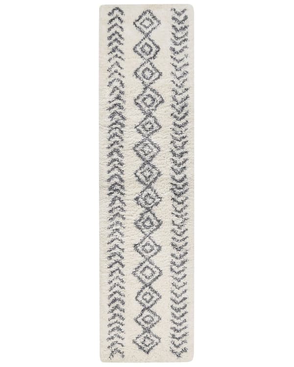 Matto valkoinen harmaa 80 x 300 cm polypropeeni juutti suorakulmio pörröinen geometrinen kuvio boho