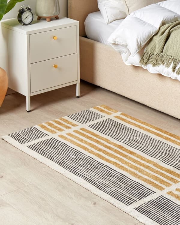Matto keltainen musta 80 x 150 cm puuvilla polyesteri lyhyt nukka jacquard-kudottu raidallinen boho
