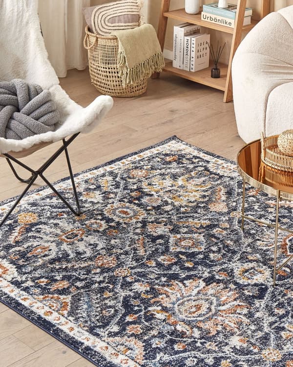 Matto sininen/beige 160 x 230 cm orientaalinen kuvio kulunut viimeistely vintage tyyli
