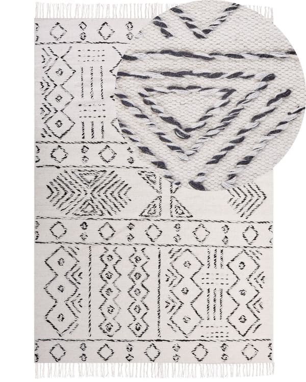 Ullteppe Hvit Svart 160 x 230 cm Aztekisk mønster Moderne Vintage Lav luv