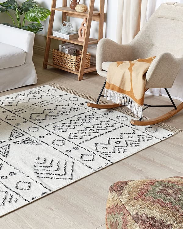 Ullteppe Hvit Svart 140 x 200 cm Aztekisk mønster Moderne Vintage Lav luv