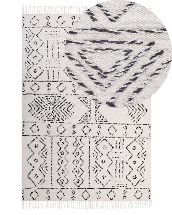 Ullteppe Hvit Svart 140 x 200 cm Aztekisk mønster Moderne Vintage Lav luv