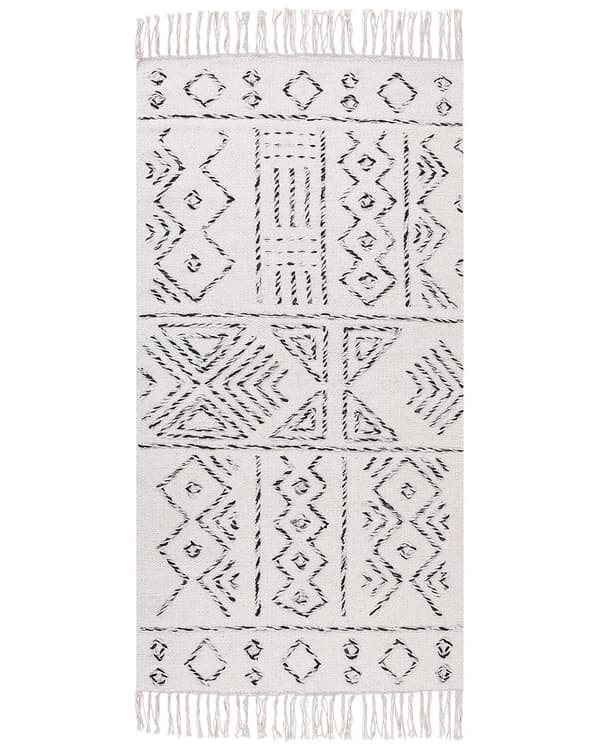 Ullteppe Hvit Svart 80 x 150 cm Aztekisk mønster Moderne Vintage Lav luv