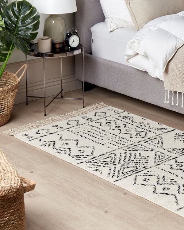 Ullteppe Hvit Svart 80 x 150 cm Aztekisk mønster Moderne Vintage Lav luv