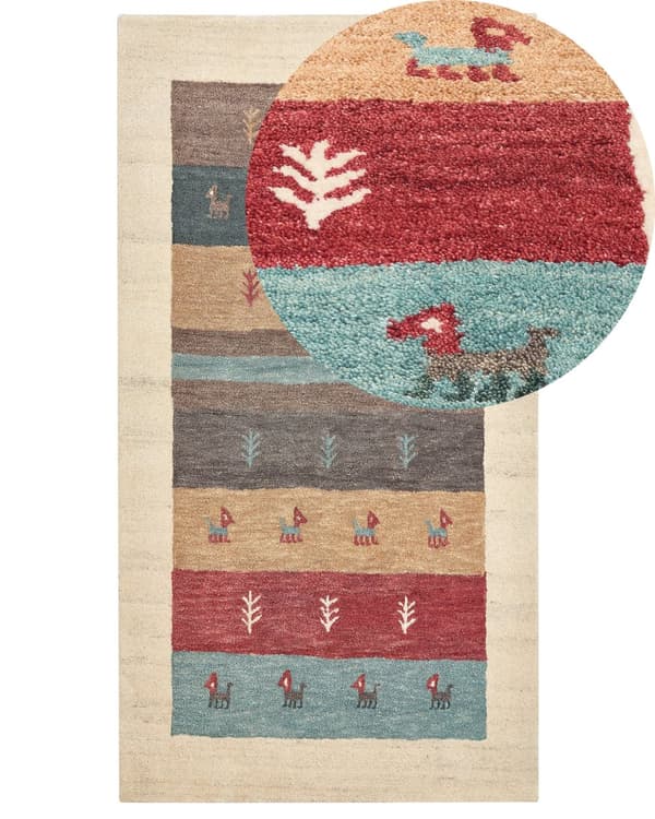 Matto monivärinen 80 x 150 cm villa geometrinen kuvio suorakulmio matala nukka rustiikkinen Gabbeh