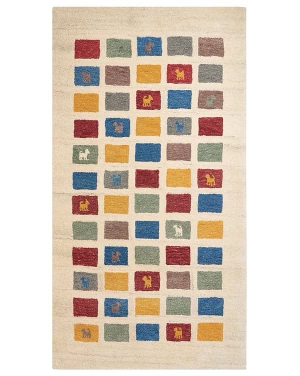 Matto monivärinen 80 x 150 cm villa suorakulmio geometrinen kuvio matala nukka rustiikkinen Gabbeh