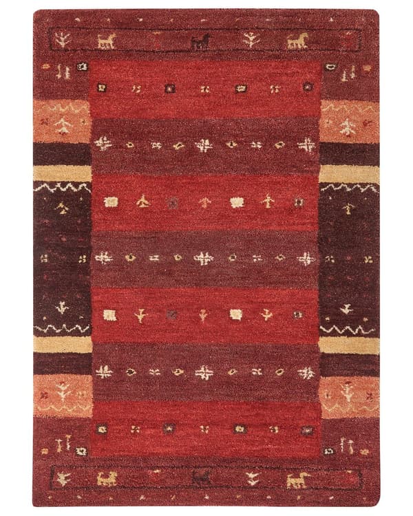 Gabbeh Tæppe Rødt Uld 160 x 230 cm Tyk Tæt Luv Traditionelt Rustikt Mønster Bjælkehytte
