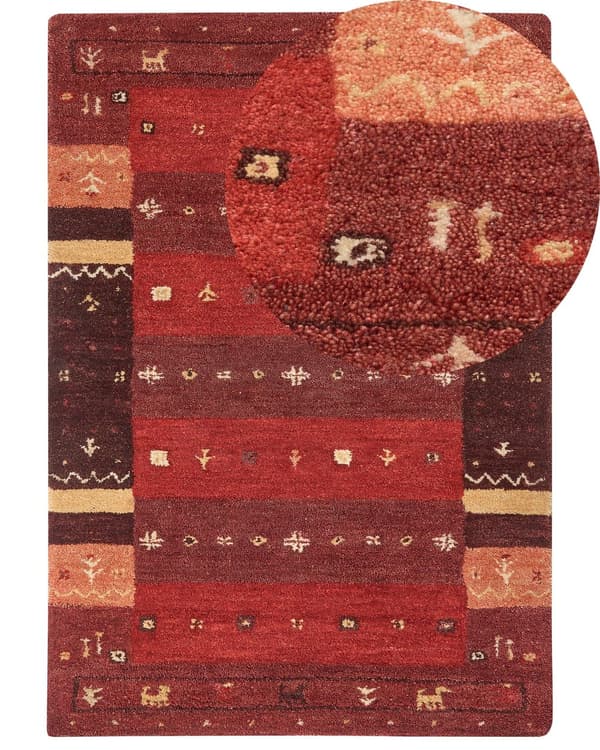 Gabbeh Tæppe Rødt Uld 160 x 230 cm Tyk Tæt Luv Traditionelt Rustikt Mønster Bjælkehytte