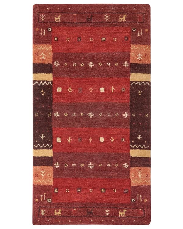 Gabbeh Tæppe Rødt Uld 80 x 150 cm Tykt Tæt Luv Traditionelt Rustikt Mønster Bjælkehytte