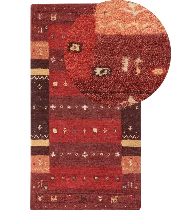 Gabbeh Tæppe Rødt Uld 80 x 150 cm Tykt Tæt Luv Traditionelt Rustikt Mønster Bjælkehytte