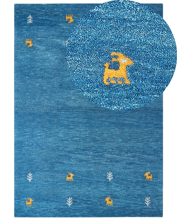 Gabbeh Tæppe Blå 160 x 230 cm Håndtuftet Dyremotiv Rustikt Design