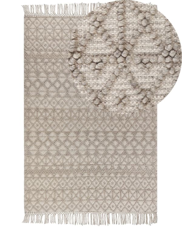 Matto hiekanruskea polyesteri 200 x 300 cm geometrinen kuvio hapsut boho-tyyli