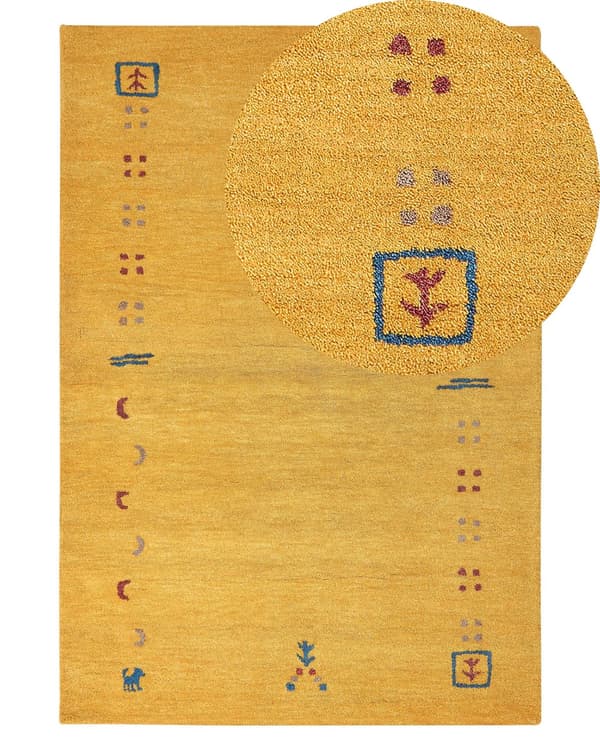 Matto keltainen villa 140 x 200 cm monivärinen käsin tuftattu geometrinen kuvio Gabbeh boho-tyyli