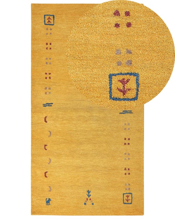 Matto keltainen villa 80 x 150 cm monivärinen käsin tuftattu geometrinen kuvio Gabbeh boho-tyyli