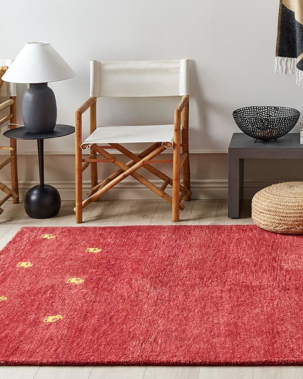 Matto punainen villa 160 x 230 cm keltainen eläinkuviointi käsin tuftattu Gabbeh boho-tyyli