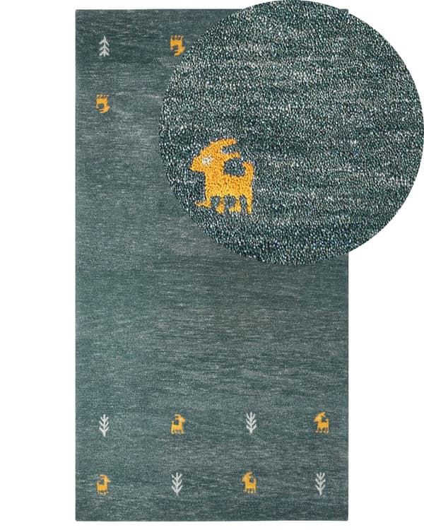 Matto tummanvihreä villa 80 x 150 cm käsin tuftattu eläinkuvio rustiikkinen tyyli Gabbeh
