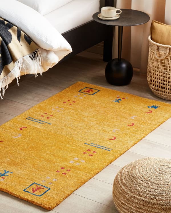 Gabbeh Tæppe Gul Multifarvet Uld 80 x 150 cm Uldtæppe Tuftet Moderne Design Luv Tæppe til Gulvet Børnetæppe til Værelse Indretning Lyddæmpende