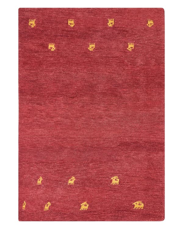 Gabbeh Tæppe Rødt Uld 140 x 200 cm Rektangulært Gul Dyremønster Håndtuftet Boho Stil Stue Soveværelse Børneværelse