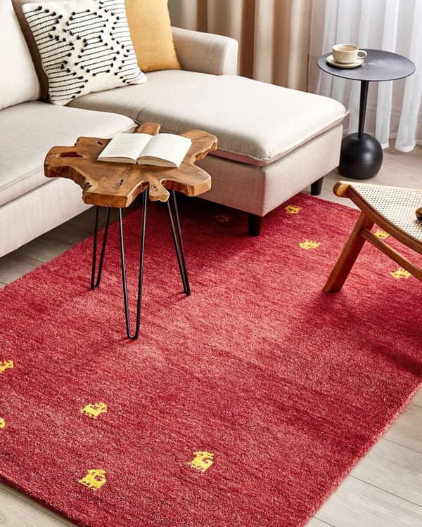 Gabbeh Tæppe Rødt Uld 140 x 200 cm Rektangulært Gul Dyremønster Håndtuftet Boho Stil Stue Soveværelse Børneværelse