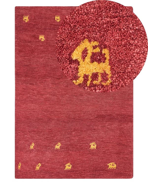 Gabbeh Tæppe Rødt Uld 140 x 200 cm Rektangulært Gul Dyremønster Håndtuftet Boho Stil Stue Soveværelse Børneværelse