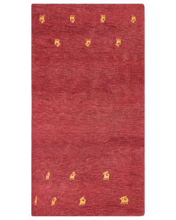 Gabbeh Tæppe Rødt Uld 80 x 150 cm Rektangulært Gul Dyremønster Håndtuftet Boho Stil Stue Soveværelse Børneværelse