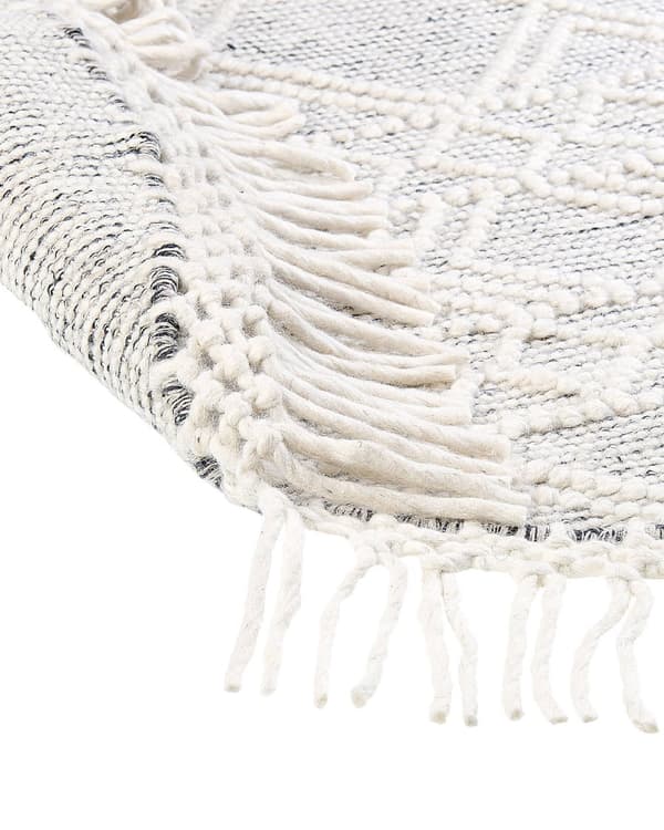 Teppe Grå Off White Ull Polyester ø 140 cm Håndvevd Dusker Geometrisk mønster Tilbehør Dekorasjon Stue Soverom