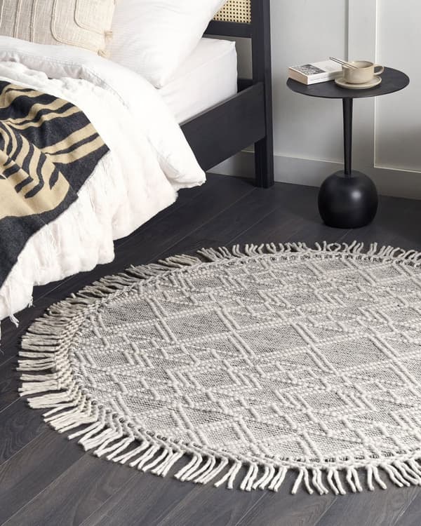 Teppe Grå Off White Ull Polyester ø 140 cm Håndvevd Dusker Geometrisk mønster Tilbehør Dekorasjon Stue Soverom