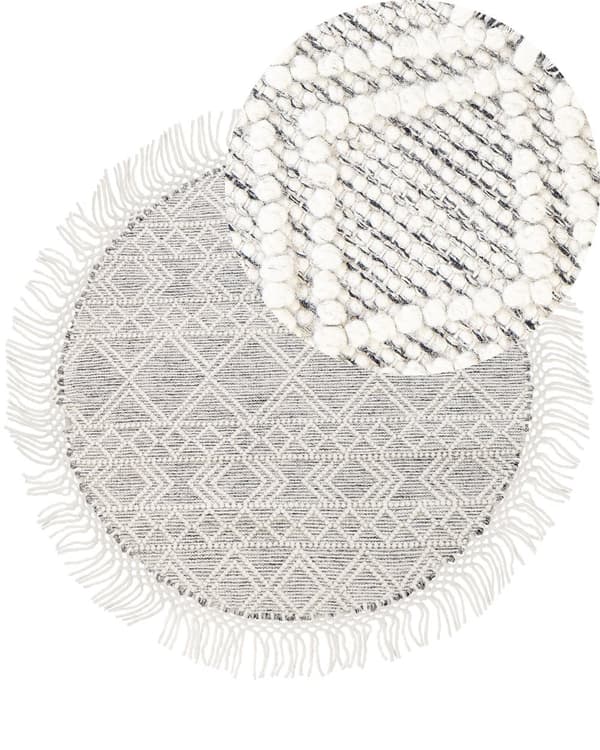 Teppe Grå Off White Ull Polyester ø 140 cm Håndvevd Dusker Geometrisk mønster Tilbehør Dekorasjon Stue Soverom