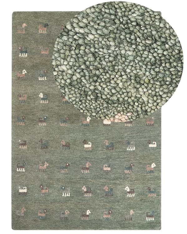 Matto vihreä villa 140 x 200 cm eläinkuviot käsin tuftattu perinteinen Gabbeh boho-tyyli