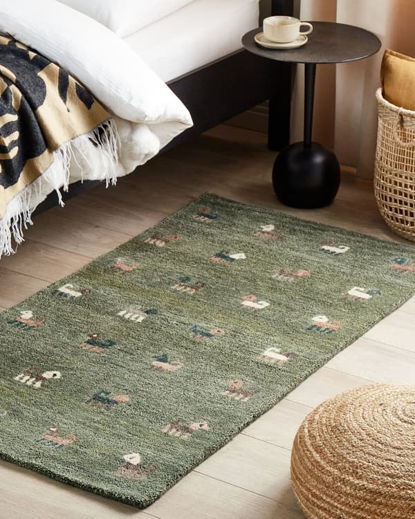 Matto vihreä villa 80 x 150 cm eläinkuviot käsin tuftattu perinteinen Gabbeh boho-tyyli