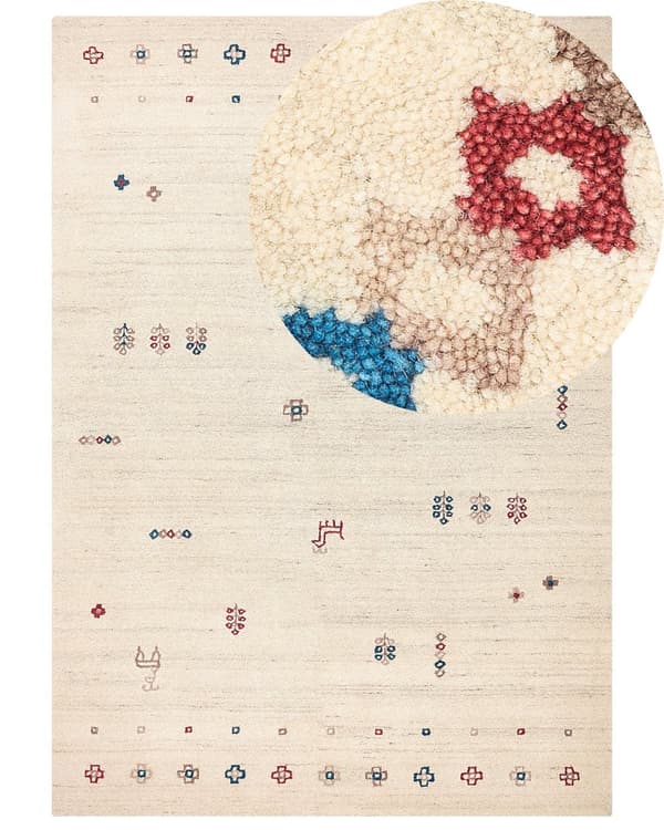 Gabbeh Tæppe Beige Uld 160 x 230 cm Blomster Dyremønster Håndtuftet Stue Soveværelse Traditionel Boho Stil