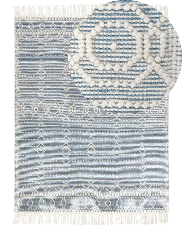 Gulvtæppe Blå Uld 160 x 230 cm Fladvævet Uldtæppe Moderne Design Luv Tæppe under Sofabord til Værelse Indretning