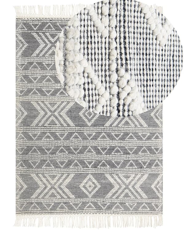 Gulvtæppe Sort Hvid Uld 160 x 230 cm Fladvævet Uldtæppe Moderne Design Luv Tæppe under Sofabord til Værelse Indretning