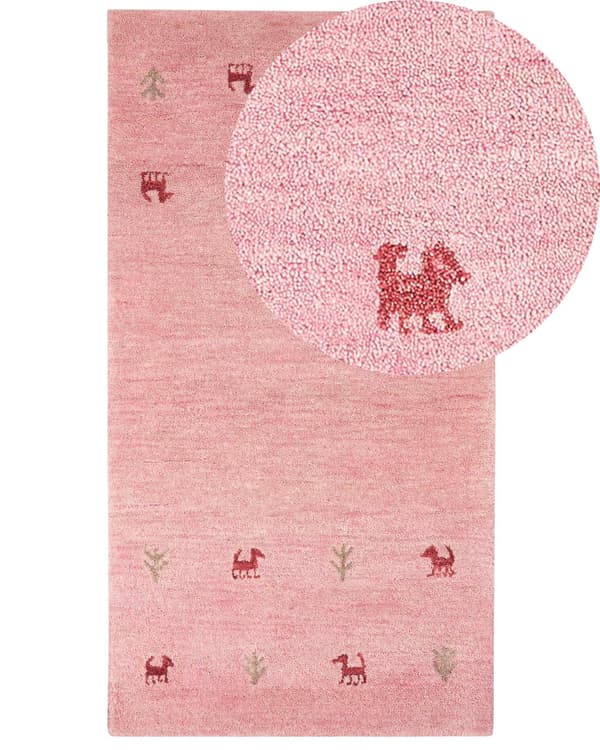 Ull gulvteppe rosa 80 x 150 cm Gabbeh håndtuftet westernmotiv rustikk moderne design