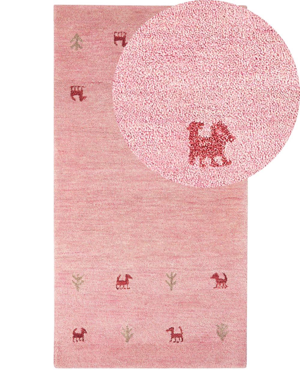 Ull gulvteppe rosa 80 x 150 cm Gabbeh håndtuftet westernmotiv rustikk