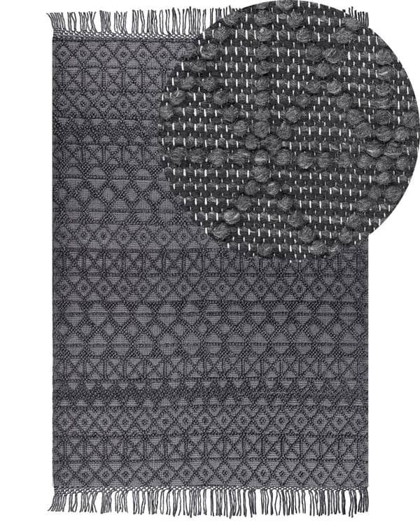 Matta Svart Ull Polyester 200 x 300 cm Geometriskt Mönster Tofsar Boho Modern Vardagsrum
