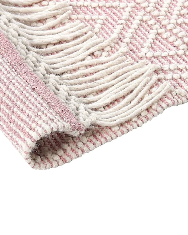 Mattan Rosa Vit Ull Polyester 160 x 230 cm Geometriskt Mönster Fransar Boho Modern Design Vardagsrum