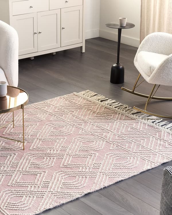 Mattan Rosa Vit Ull Polyester 160 x 230 cm Geometriskt Mönster Fransar Boho Modern Design Vardagsrum
