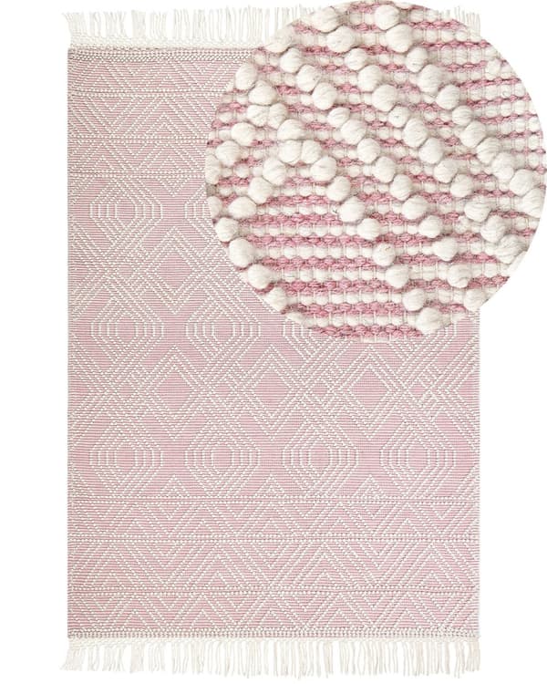 Mattan Rosa Vit Ull Polyester 160 x 230 cm Geometriskt Mönster Fransar Boho Modern Design Vardagsrum