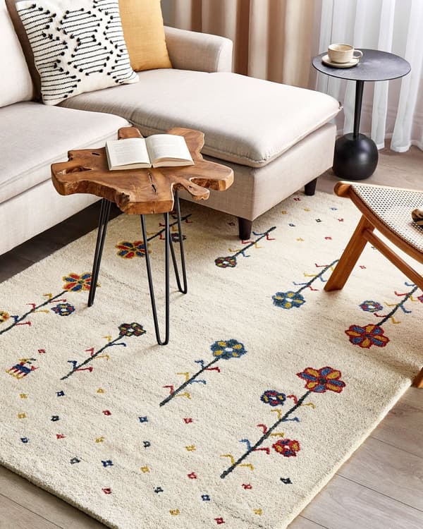 Matta Gabbeh Beige Ull 140 x 200 cm Blommigt Mönster Djurmönster Handtuftad Vardagsrum Sovrum Traditionell Bohemisk