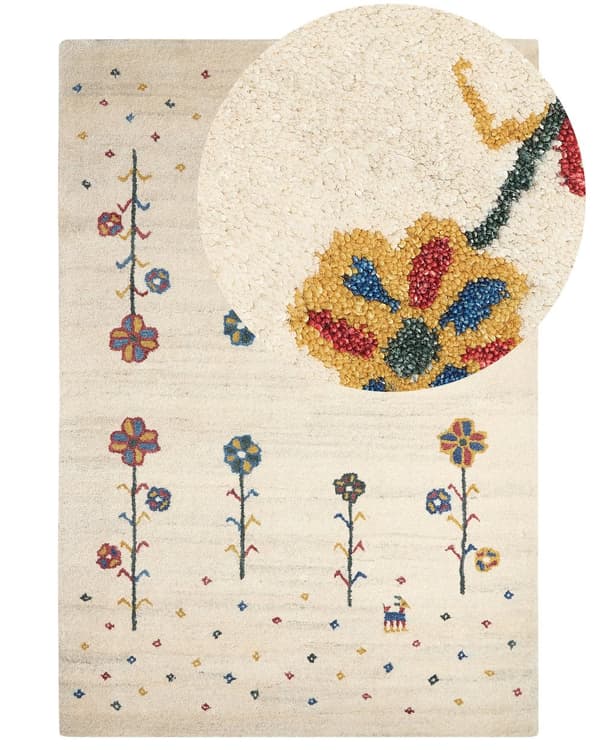 Matta Gabbeh Beige Ull 140 x 200 cm Blommigt Mönster Djurmönster Handtuftad Vardagsrum Sovrum Traditionell Bohemisk