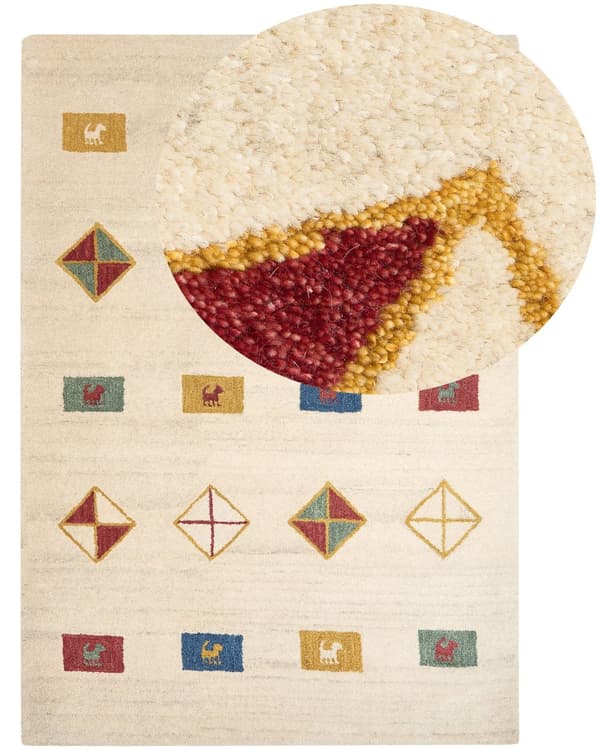 Gabbeh Matta Beige Ull 160 x 230 cm Geometrisk Djurmönster Handtuftad Vardagsrum Sovrum Traditionell Bohemisk