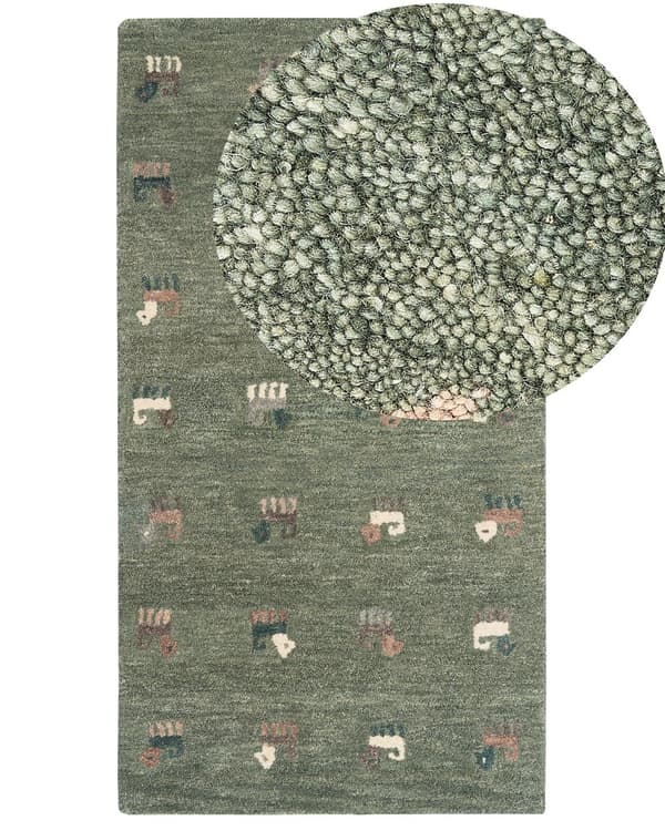 Teppe Grønn Ull 80 x 150 cm Gabbeh Dyremønster Håndtuftet Stue Soverom Tradisjonell Boho