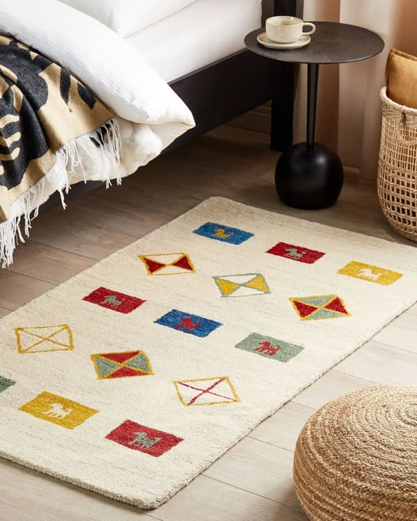 Teppe Beige Ull 80 x 150 cm Gabbeh Geometrisk Dyremønster Håndtuftet Stue Soverom Tradisjonell Boho