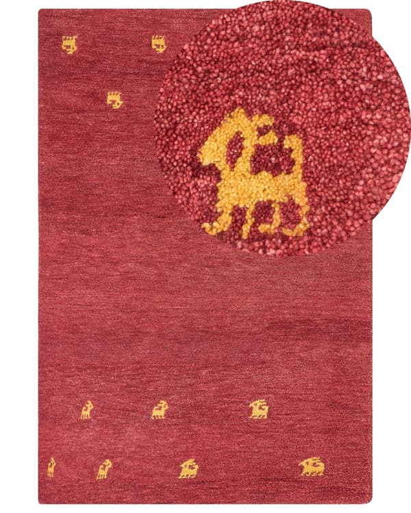 Gulvteppe rød ull 200 x 300 cm Gabbeh rektangulær teppe dyremønster hånd tuftet Boho stil stue soverom barnerom