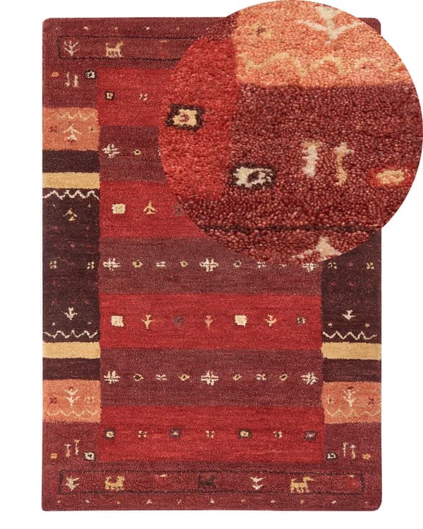 Gulvteppe Teppe Rød Ull 140 x 200 cm Gabbeh Tett luv Tradisjonell Rustikk mønster Hytte stil