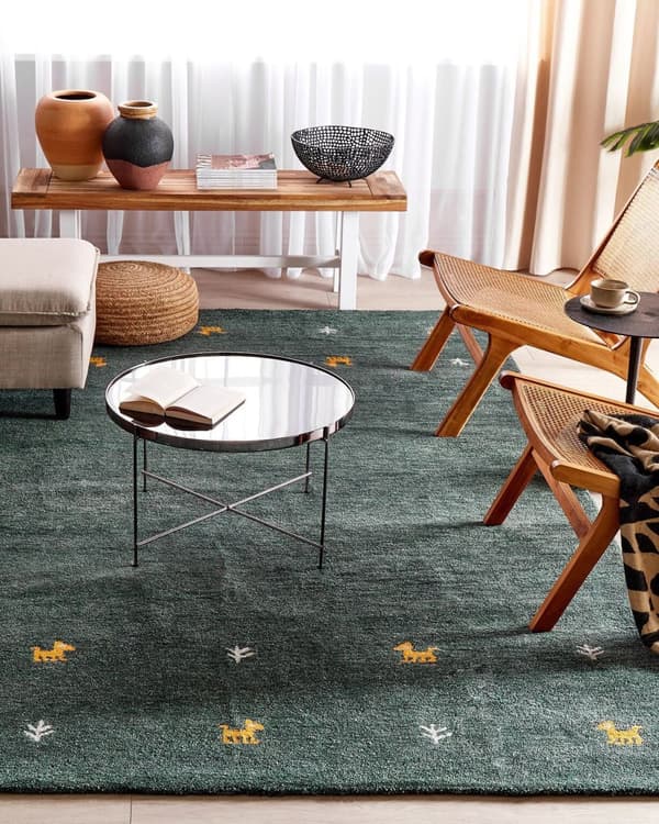 Gulvteppe Teppe Grønn Ull 200 x 300 cm Gabbeh Håndtuftet Western Dyremotiv Rustikk design