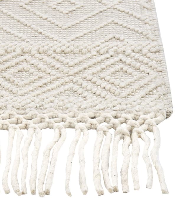 Matta Beige Ull 160 x 230 cm med Tofsar Handvävd Vardagsrum Sovrum Bohemisk Modern