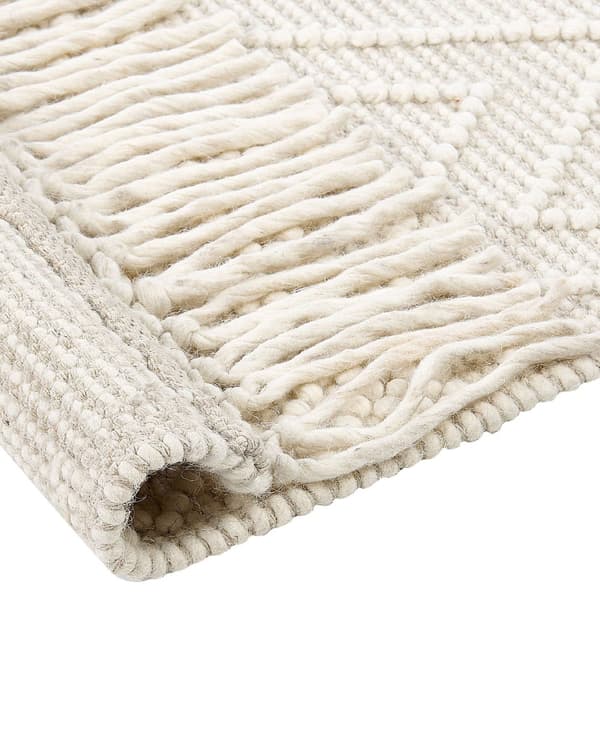 Matta Beige Ull 160 x 230 cm med Tofsar Handvävd Vardagsrum Sovrum Bohemisk Modern